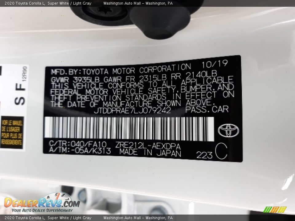 2020 Toyota Corolla L Super White / Light Gray Photo #10