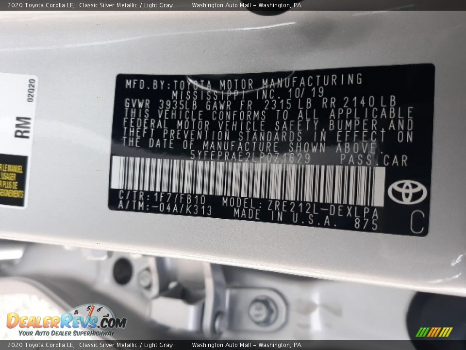 2020 Toyota Corolla LE Classic Silver Metallic / Light Gray Photo #11