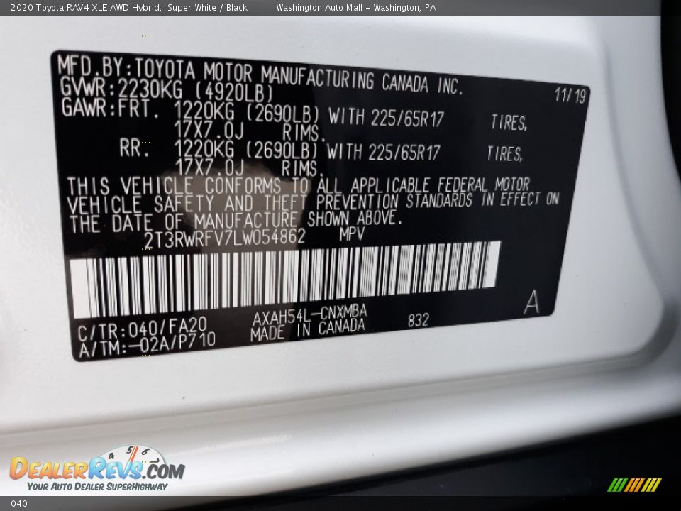 Toyota Color Code 040 Super White