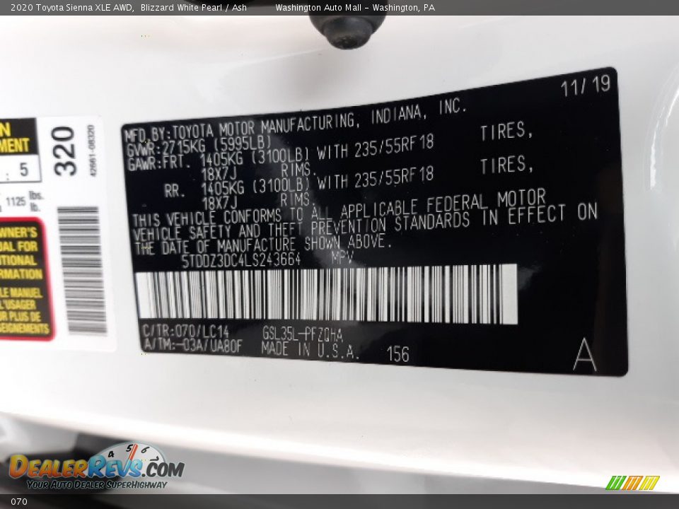 Toyota Color Code 070 Blizzard White Pearl