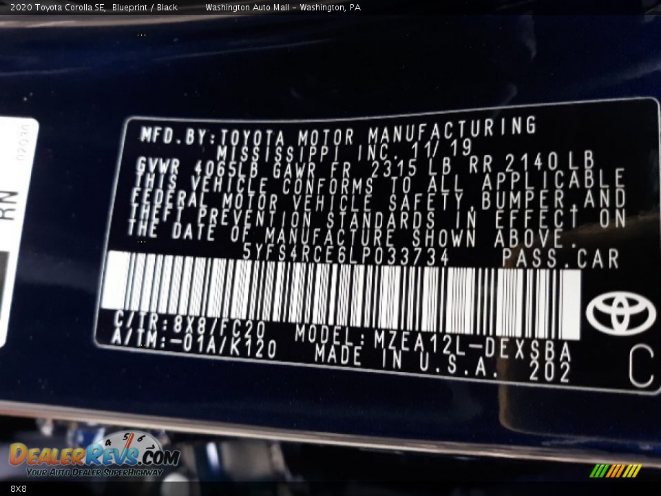 Toyota Color Code 8X8 Blueprint