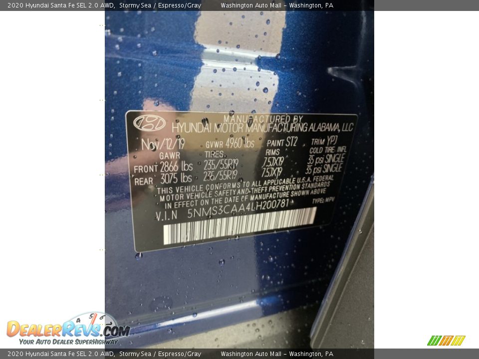 2020 Hyundai Santa Fe SEL 2.0 AWD Stormy Sea / Espresso/Gray Photo #10
