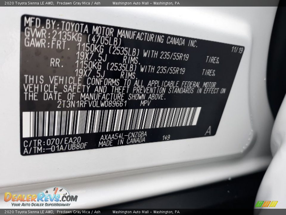 2020 Toyota Sienna LE AWD Predawn Gray Mica / Ash Photo #12