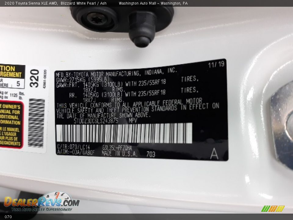 Toyota Color Code 070 Blizzard White Pearl