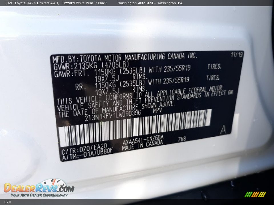 Toyota Color Code 070 Blizzard White Pearl