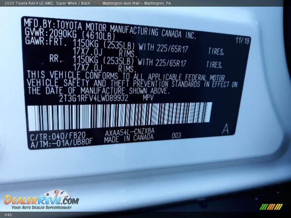 Toyota Color Code 040 Super White