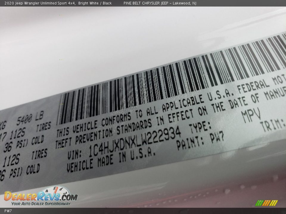 Jeep Color Code PW7 Bright White