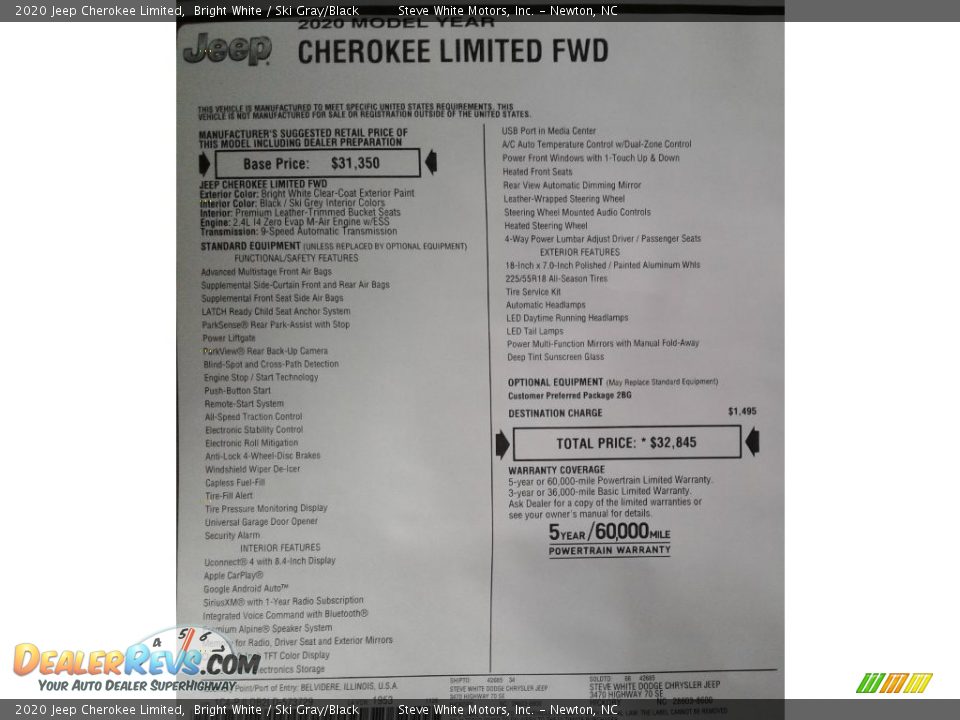 2020 Jeep Cherokee Limited Bright White / Ski Gray/Black Photo #34