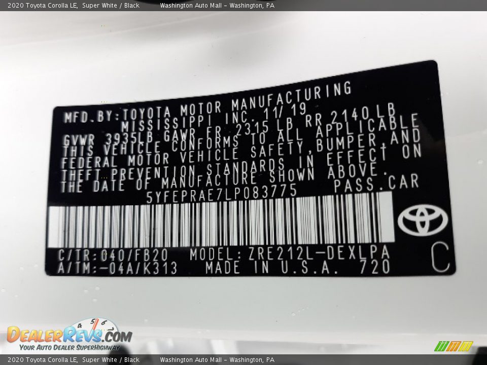 2020 Toyota Corolla LE Super White / Black Photo #20
