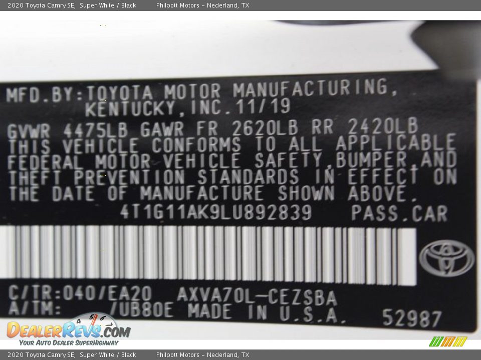 2020 Toyota Camry SE Super White / Black Photo #26