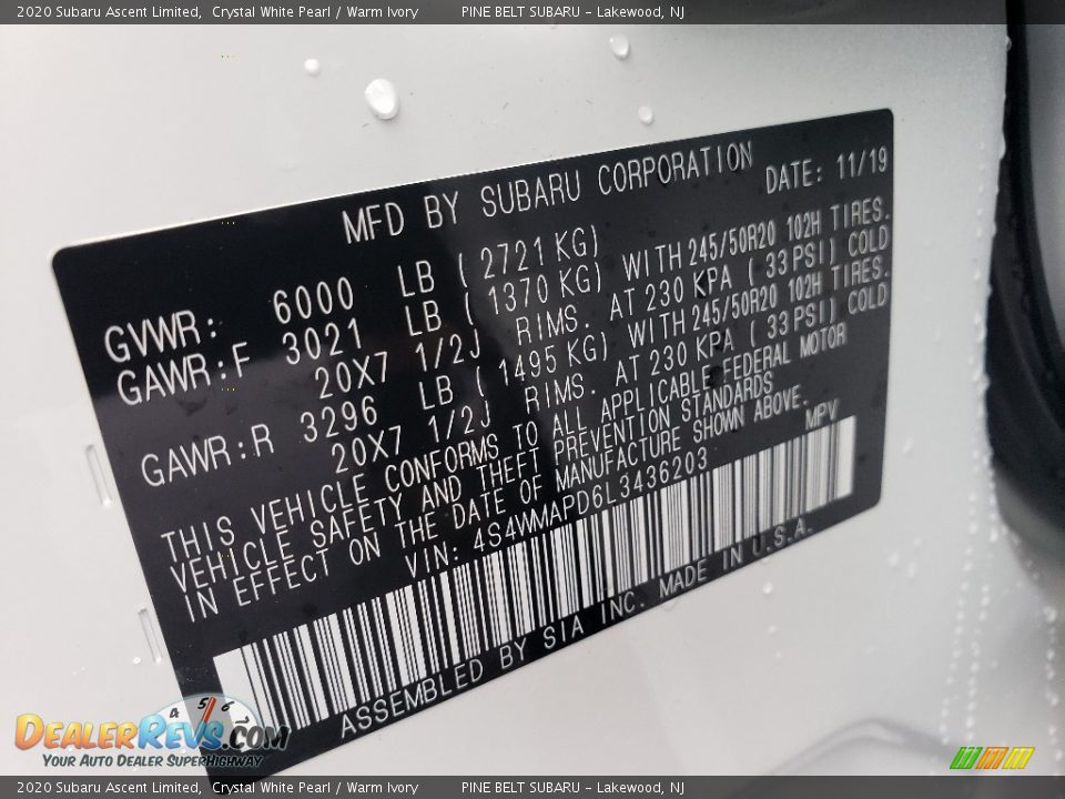 2020 Subaru Ascent Limited Crystal White Pearl / Warm Ivory Photo #9