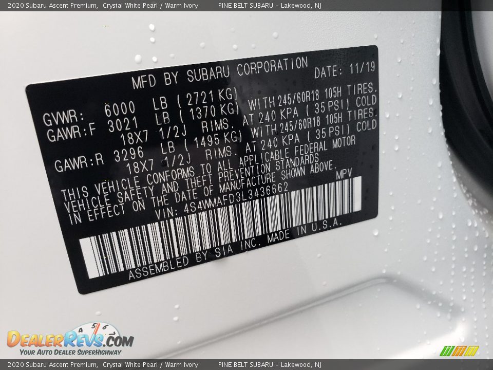2020 Subaru Ascent Premium Crystal White Pearl / Warm Ivory Photo #9