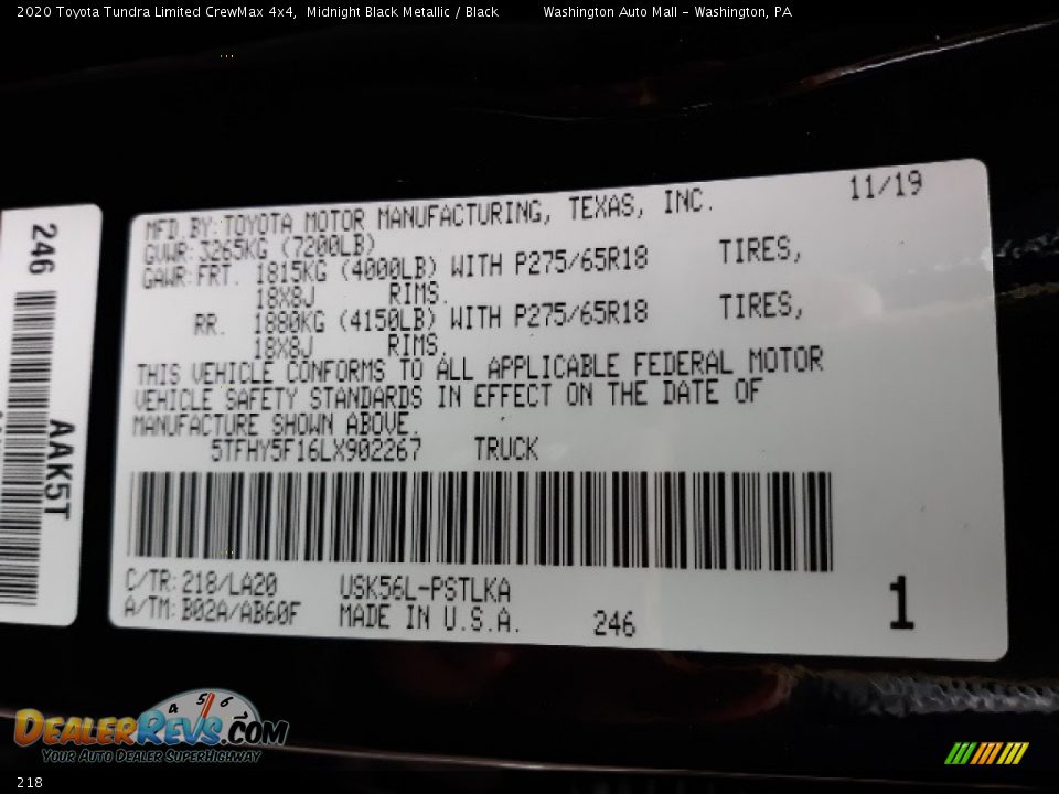 Toyota Color Code 218 Midnight Black Metallic