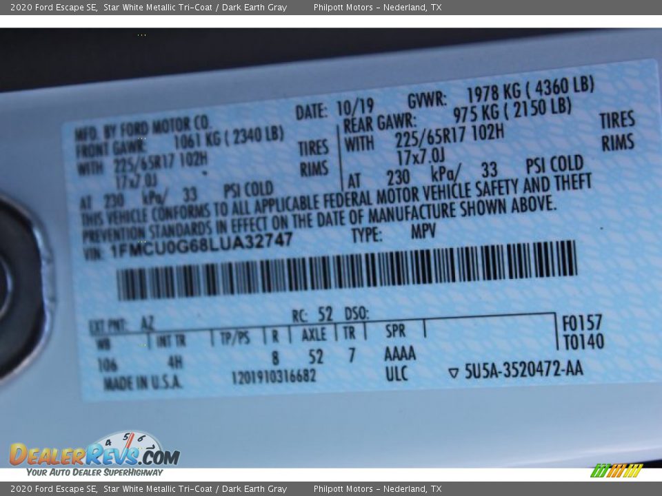2020 Ford Escape SE Star White Metallic Tri-Coat / Dark Earth Gray Photo #25