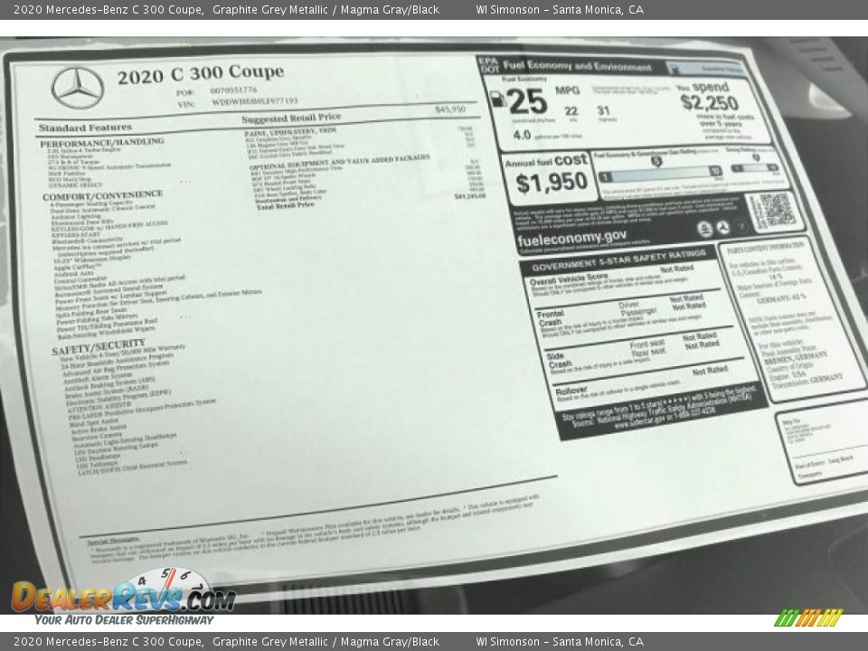 2020 Mercedes-Benz C 300 Coupe Window Sticker Photo #10