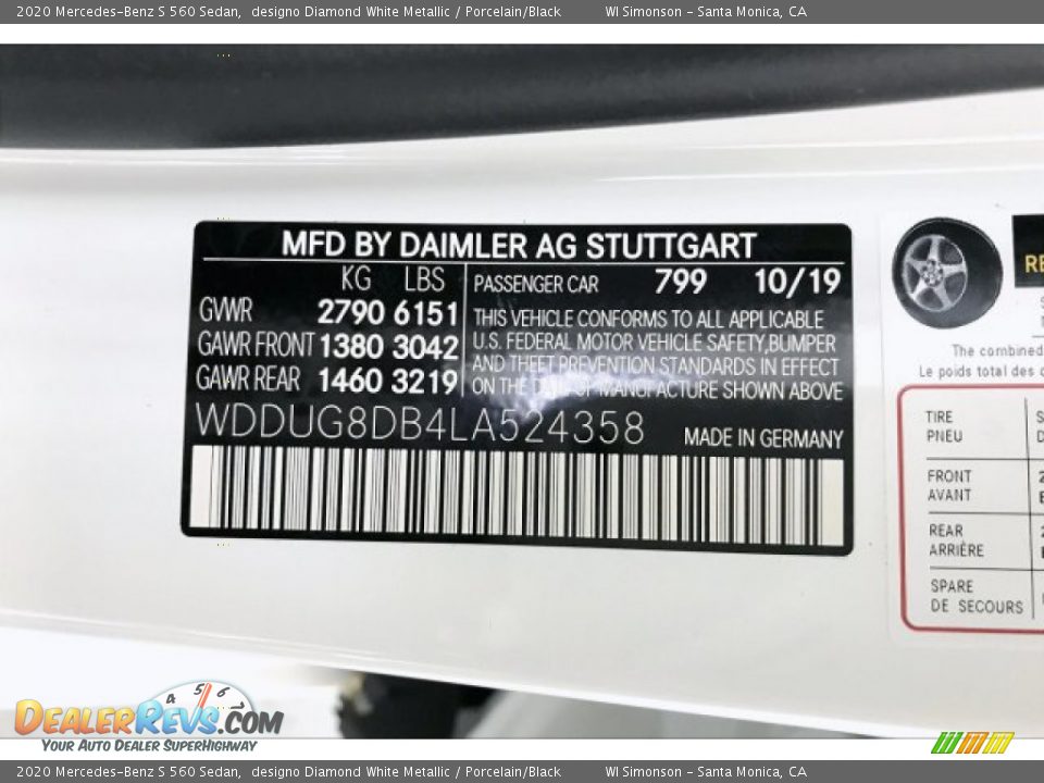 2020 Mercedes-Benz S 560 Sedan designo Diamond White Metallic / Porcelain/Black Photo #11