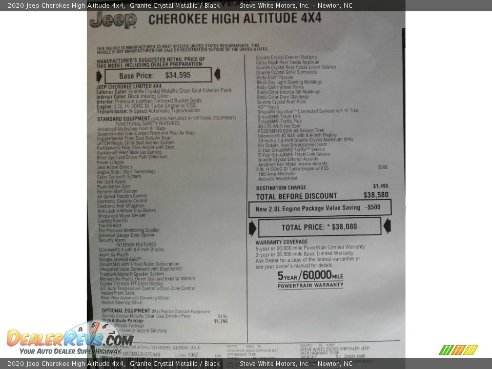 2020 Jeep Cherokee High Altitude 4x4 Window Sticker Photo #36