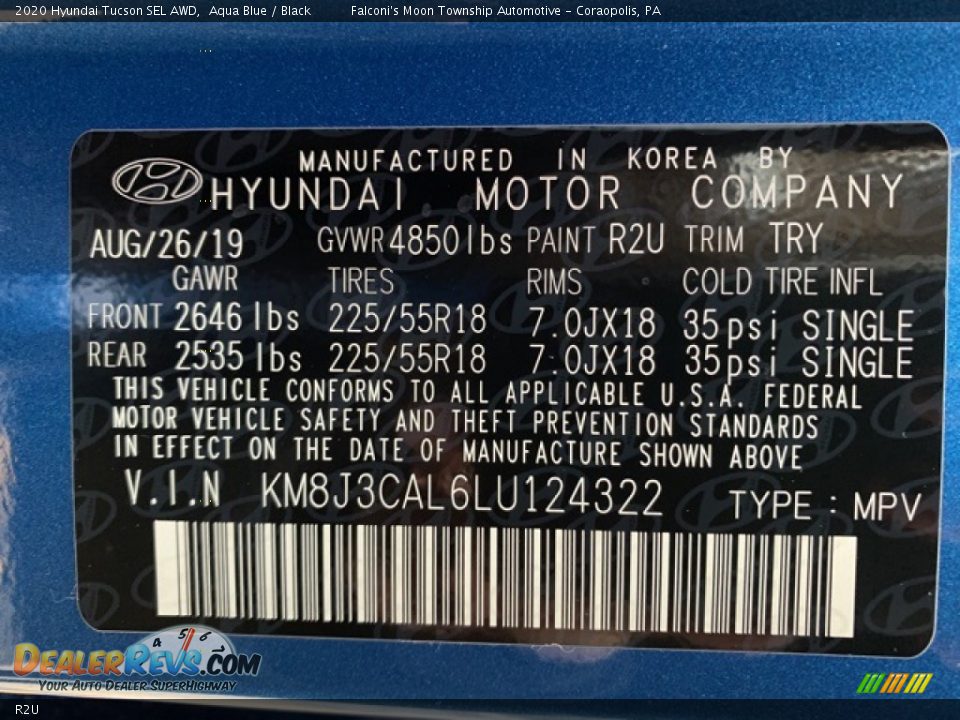 Hyundai Color Code R2U Aqua Blue