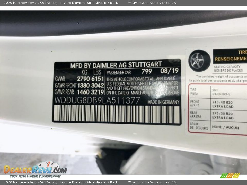 2020 Mercedes-Benz S 560 Sedan designo Diamond White Metallic / Black Photo #11