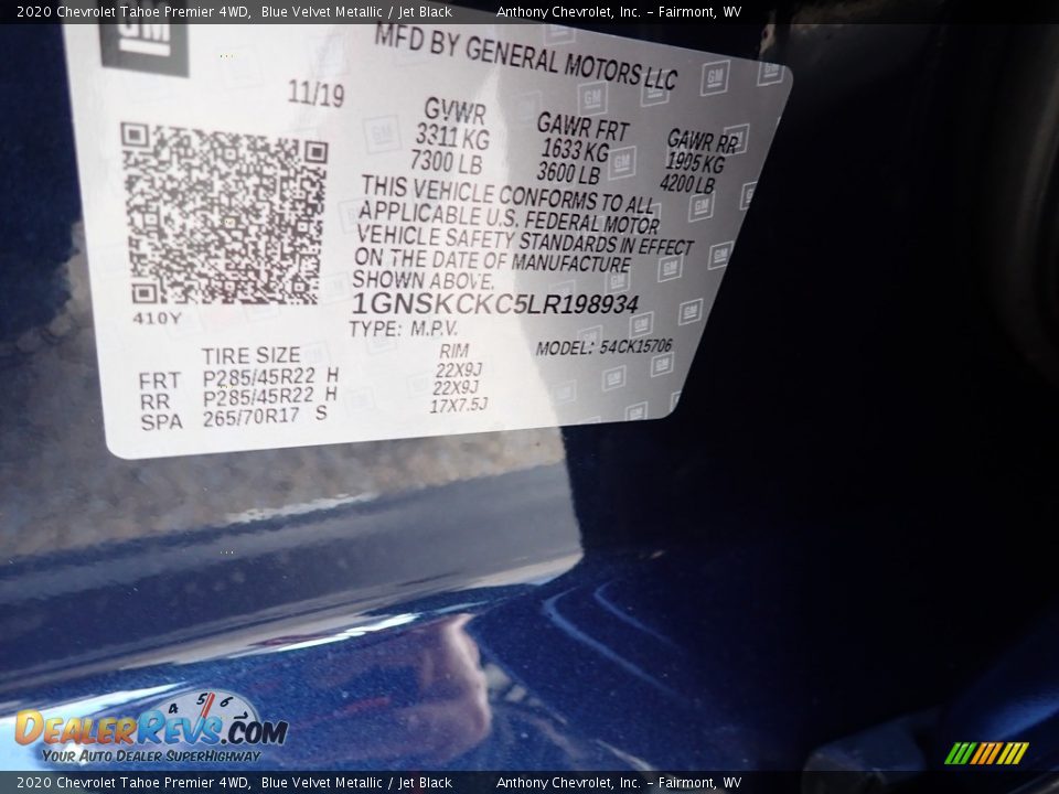2020 Chevrolet Tahoe Premier 4WD Blue Velvet Metallic / Jet Black Photo #15