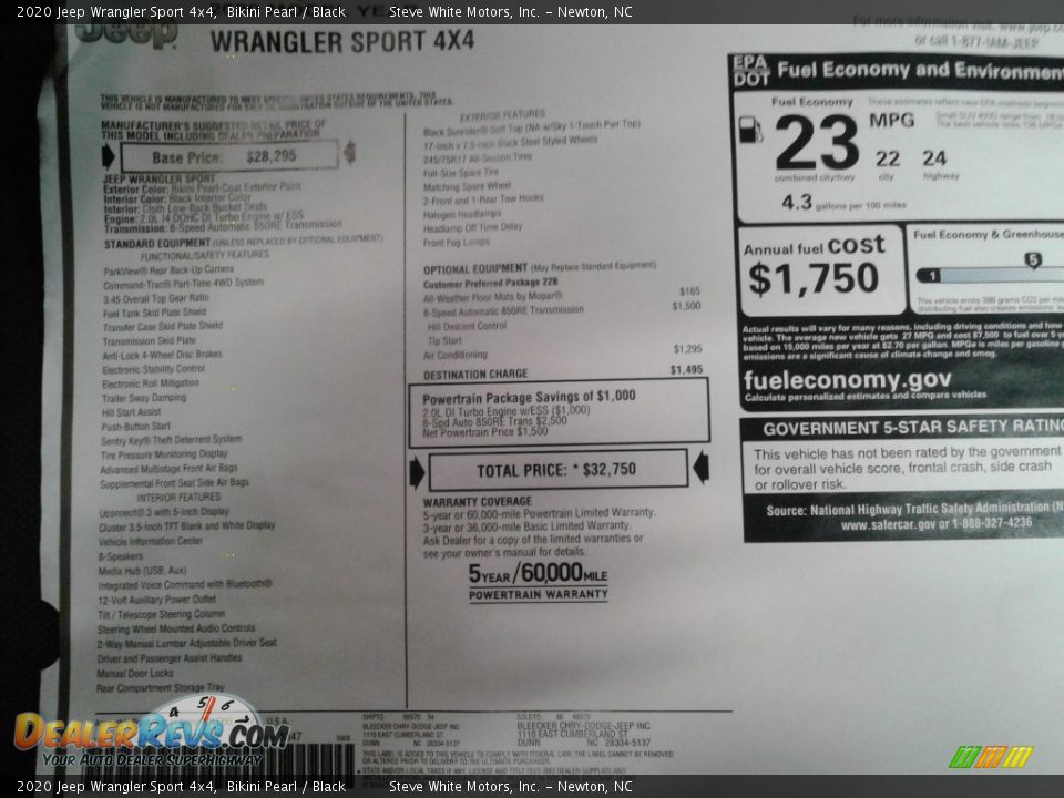 2020 Jeep Wrangler Sport 4x4 Bikini Pearl / Black Photo #21