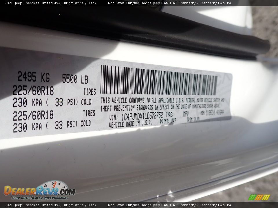 2020 Jeep Cherokee Limited 4x4 Bright White / Black Photo #15