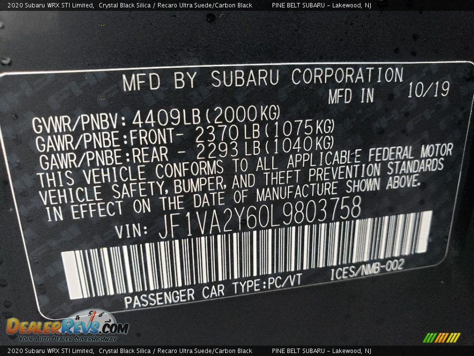 2020 Subaru WRX STI Limited Crystal Black Silica / Recaro Ultra Suede/Carbon Black Photo #10