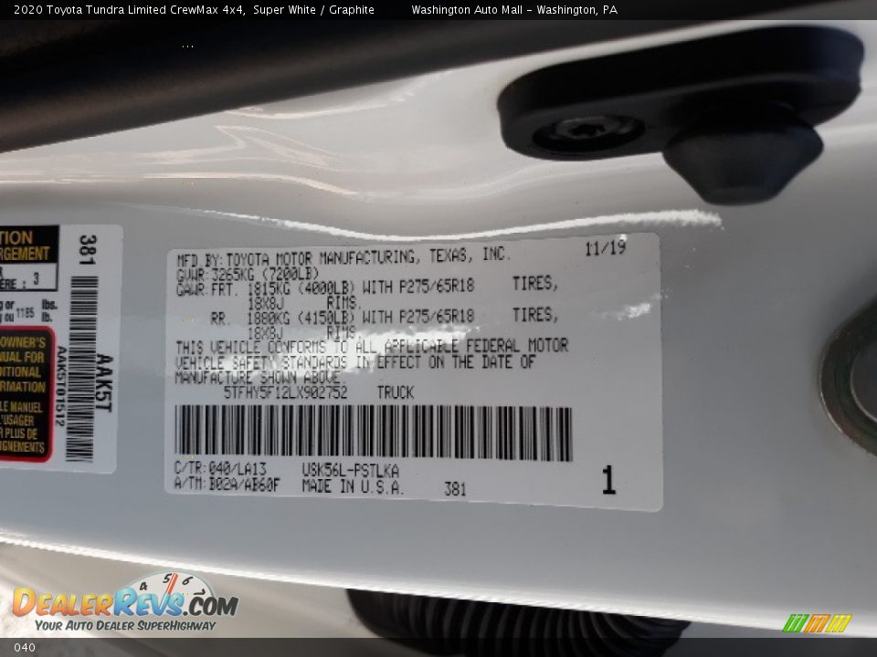 Toyota Color Code 040 Super White