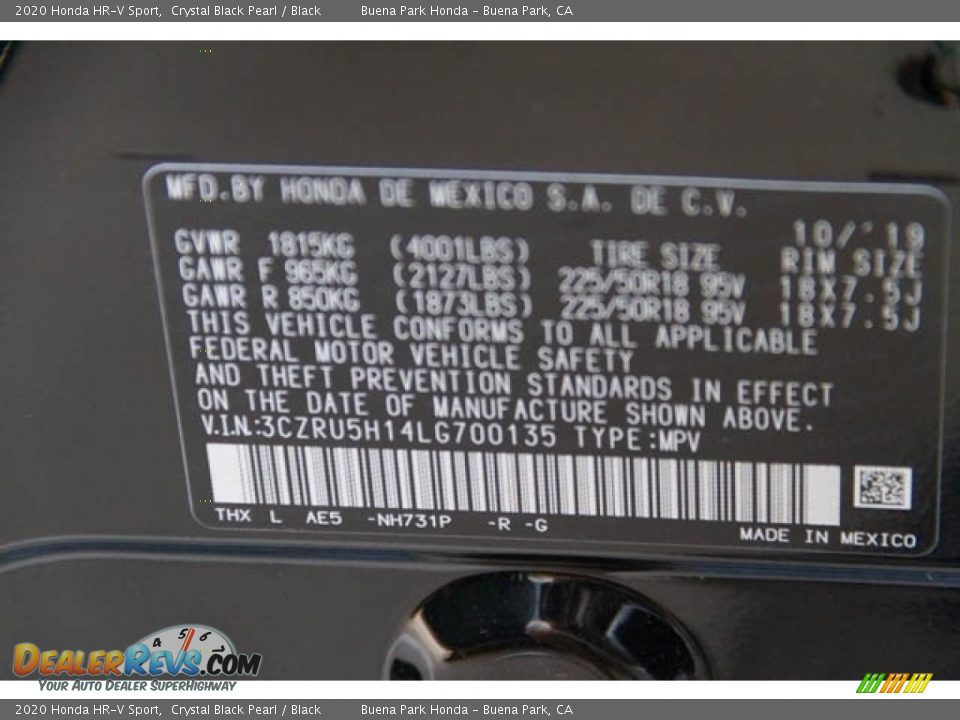 2020 Honda HR-V Sport Crystal Black Pearl / Black Photo #33