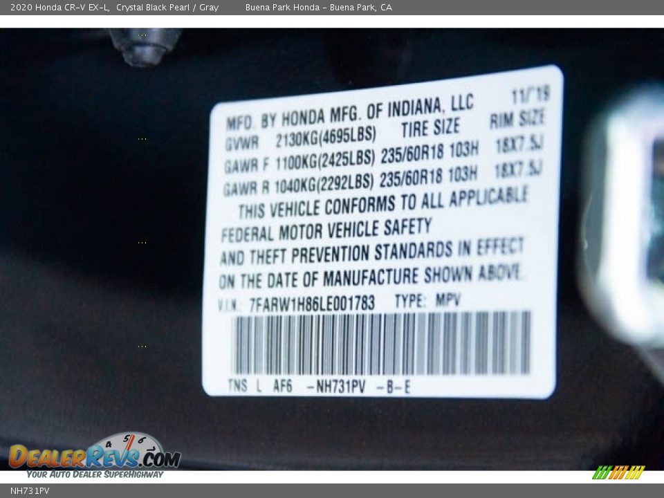 Honda Color Code NH731PV Crystal Black Pearl