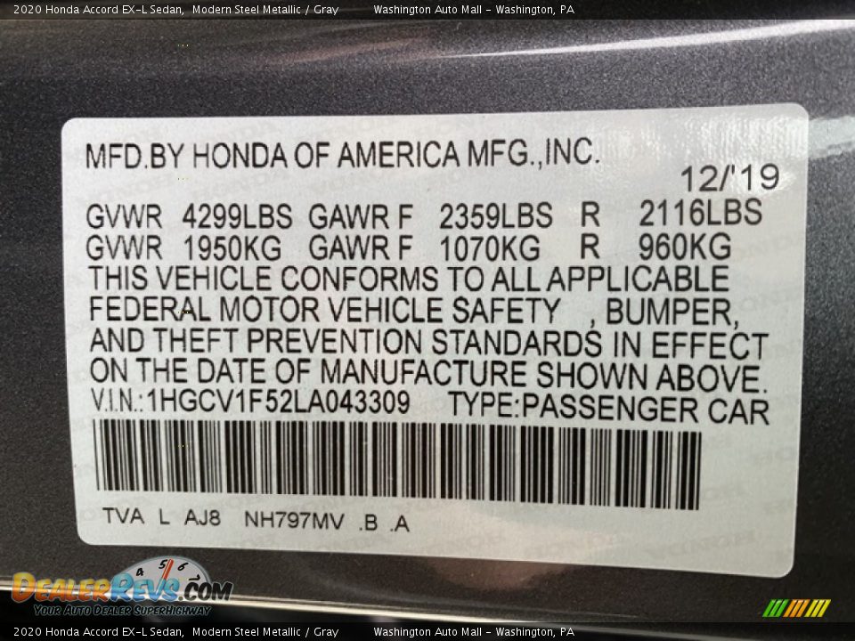 2020 Honda Accord EX-L Sedan Modern Steel Metallic / Gray Photo #9