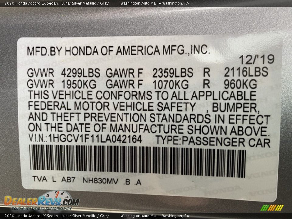 2020 Honda Accord LX Sedan Lunar Silver Metallic / Gray Photo #9