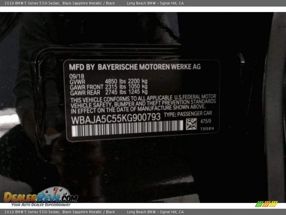 2019 BMW 5 Series 530i Sedan Black Sapphire Metallic / Black Photo #12