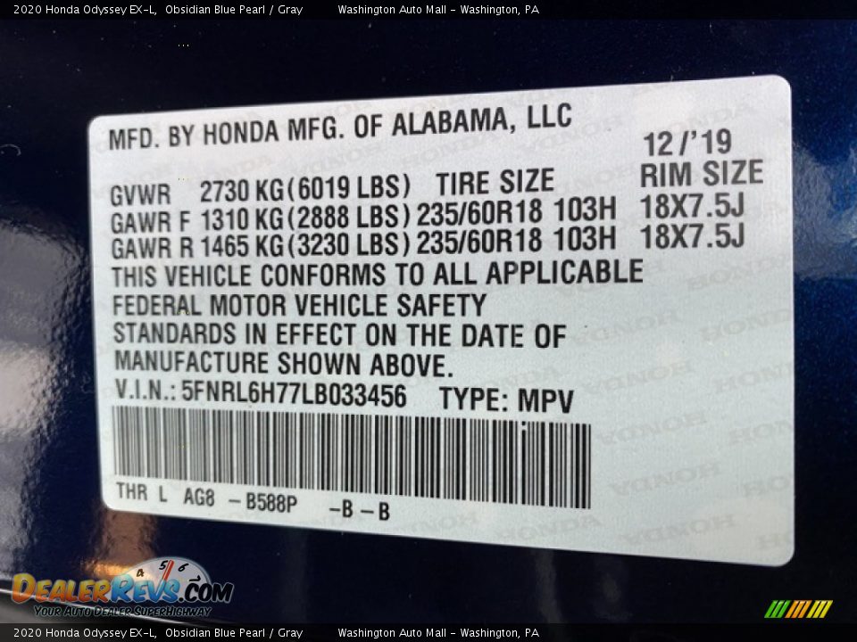 2020 Honda Odyssey EX-L Obsidian Blue Pearl / Gray Photo #9