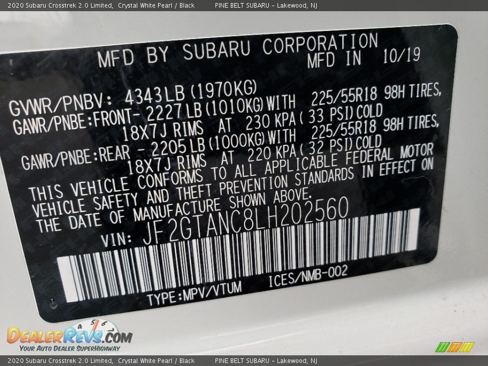 2020 Subaru Crosstrek 2.0 Limited Crystal White Pearl / Black Photo #9