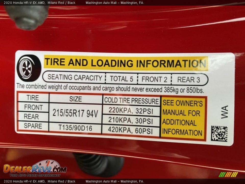 Info Tag of 2020 Honda HR-V EX AWD Photo #8