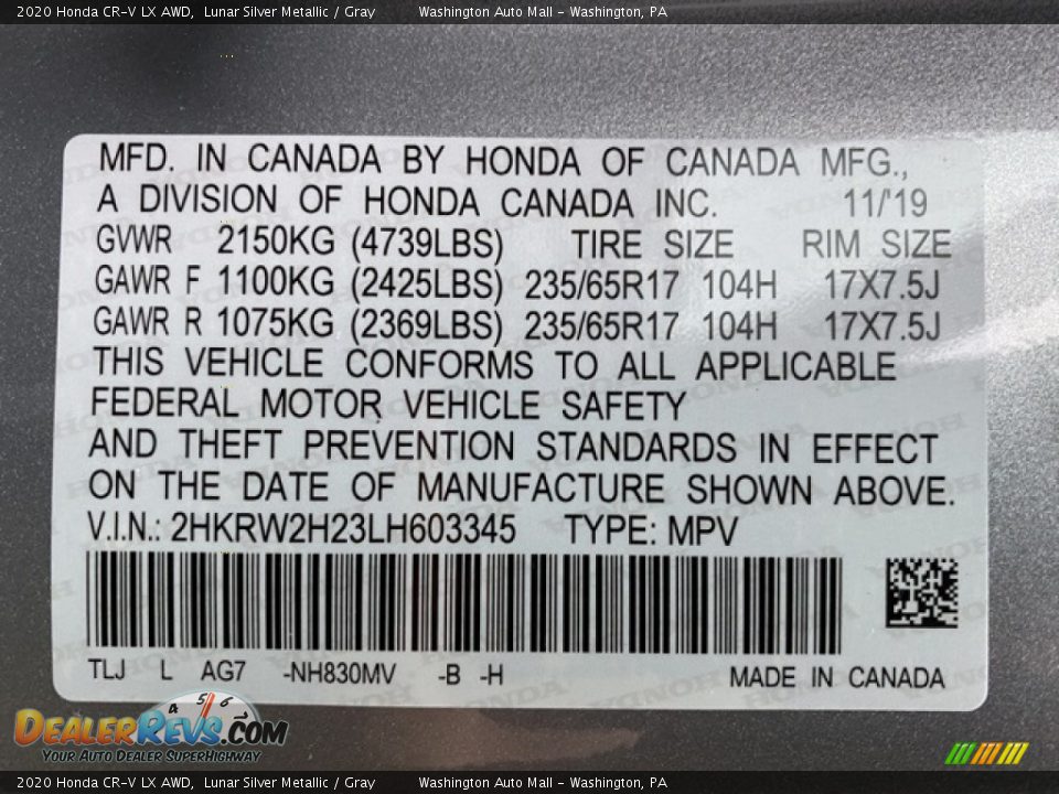 2020 Honda CR-V LX AWD Lunar Silver Metallic / Gray Photo #9