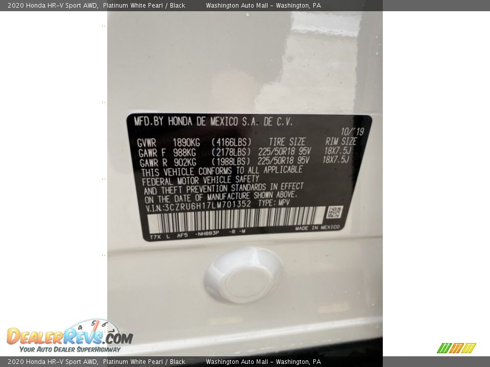 2020 Honda HR-V Sport AWD Platinum White Pearl / Black Photo #9
