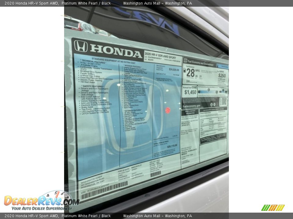 2020 Honda HR-V Sport AWD Platinum White Pearl / Black Photo #15