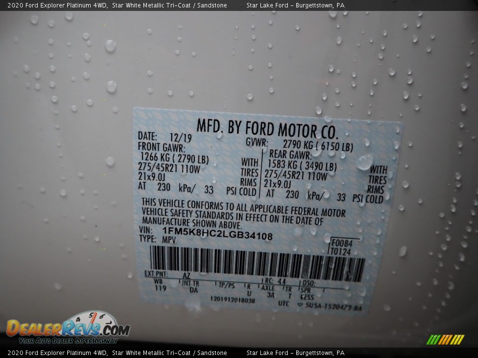 2020 Ford Explorer Platinum 4WD Star White Metallic Tri-Coat / Sandstone Photo #10