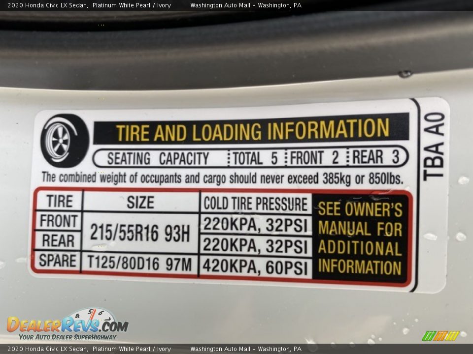 2020 Honda Civic LX Sedan Platinum White Pearl / Ivory Photo #8