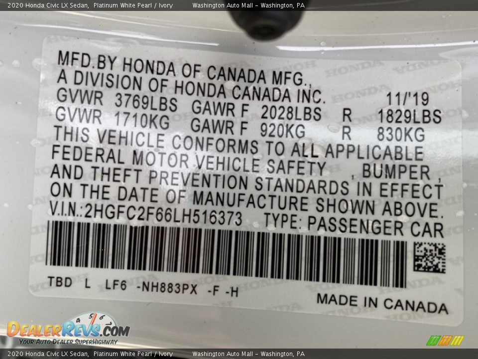 2020 Honda Civic LX Sedan Platinum White Pearl / Ivory Photo #9