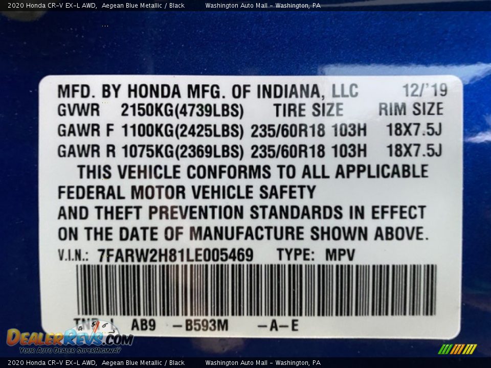 2020 Honda CR-V EX-L AWD Aegean Blue Metallic / Black Photo #9