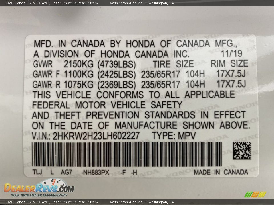 2020 Honda CR-V LX AWD Platinum White Pearl / Ivory Photo #9
