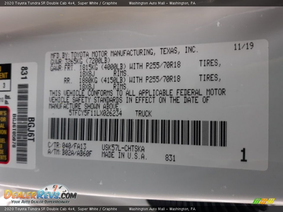 2020 Toyota Tundra SR Double Cab 4x4 Super White / Graphite Photo #20