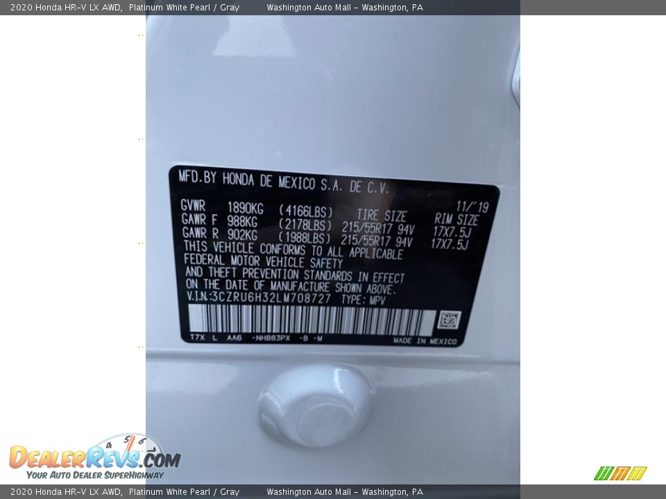 2020 Honda HR-V LX AWD Platinum White Pearl / Gray Photo #9