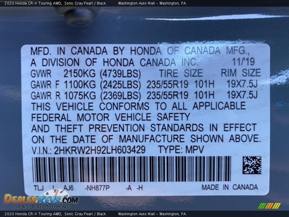 2020 Honda CR-V Touring AWD Sonic Gray Pearl / Black Photo #9