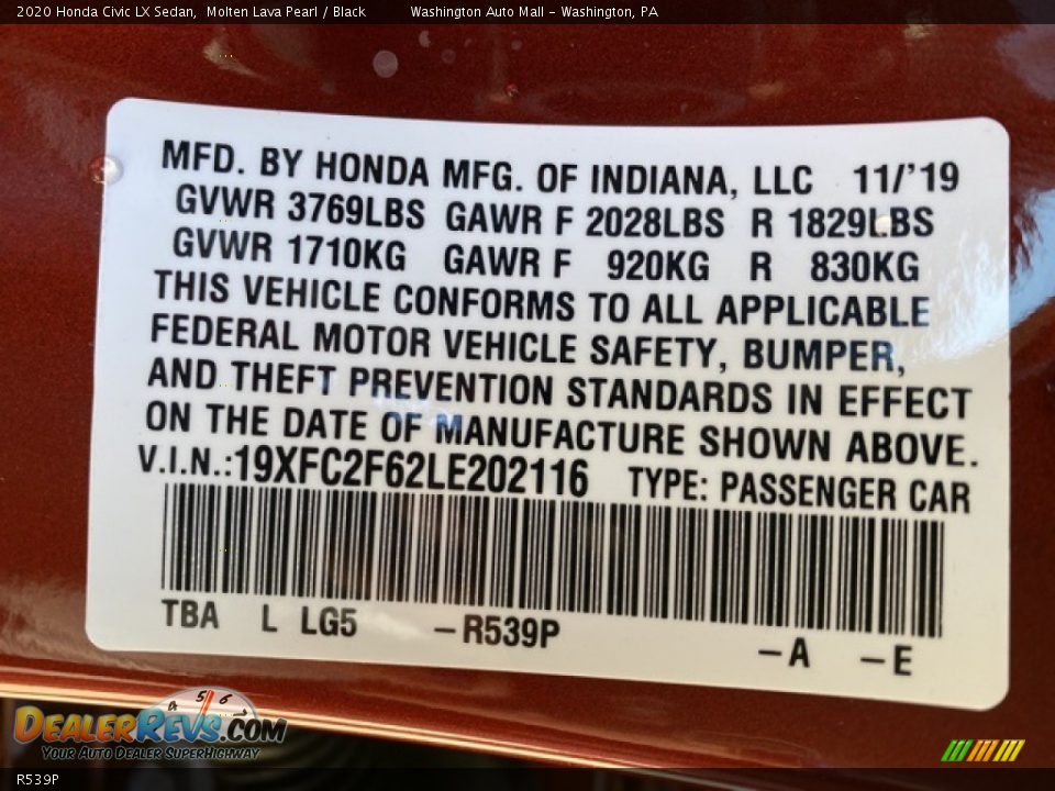 Honda Color Code R539P Molten Lava Pearl
