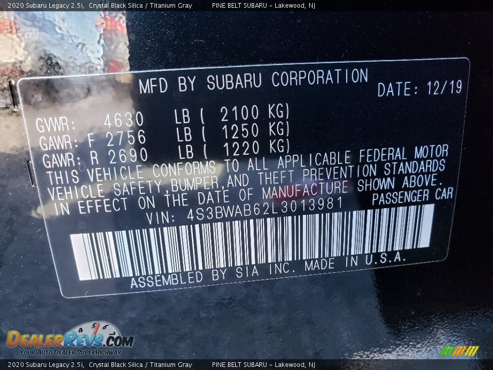 2020 Subaru Legacy 2.5i Crystal Black Silica / Titanium Gray Photo #9