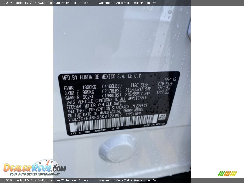 2019 Honda HR-V EX AWD Platinum White Pearl / Black Photo #9